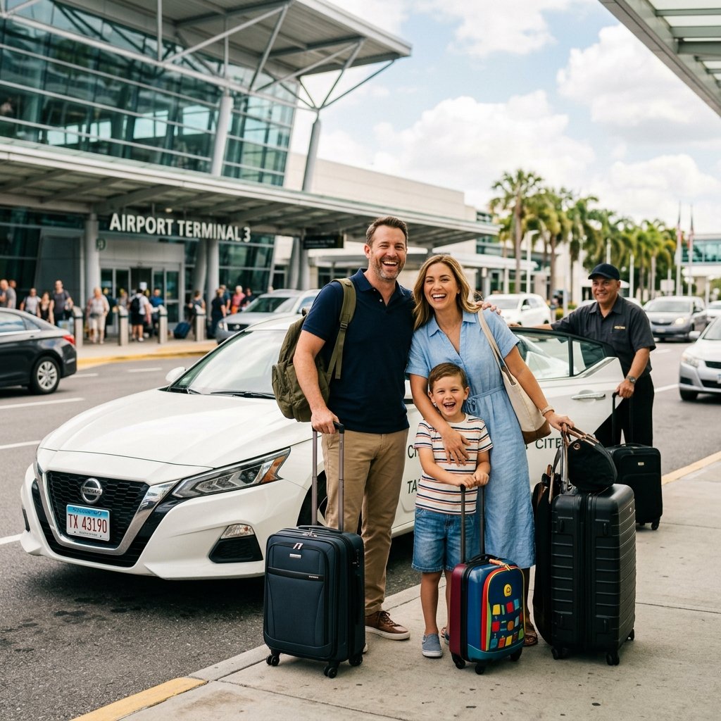 Family with luggage next to taxi